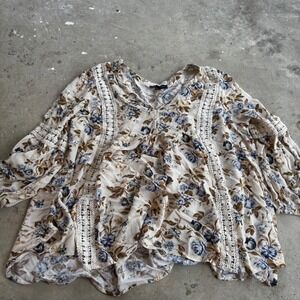 American Eagle Floral Tunic Top Blue Brown‎ Boho Crochet Trim Women's